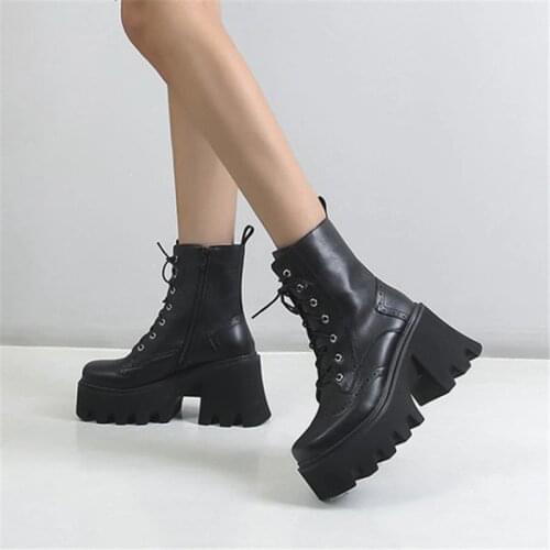 PXELENA British Wing Tip Women Martin Boots Plus Size 34-44 Lace Up Chunky Block High Heels Platform Punk Rock Gothic Shoes Lady