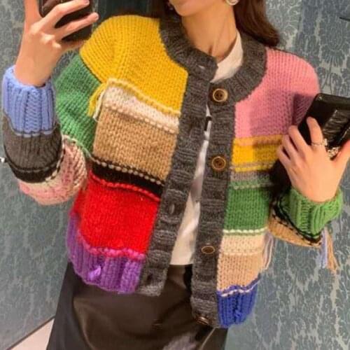 Winter Womens Rainbow Striped Cardigan Sweater Womens Casual Long-Sleeved Knitted Single-Breasted Top Femme Ropa Mujer