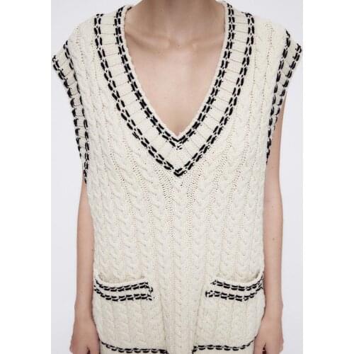 ZA pullover 2021 early autumn new womens clothing sweet lazy style stitching V-neck knitted vest vest outer wear