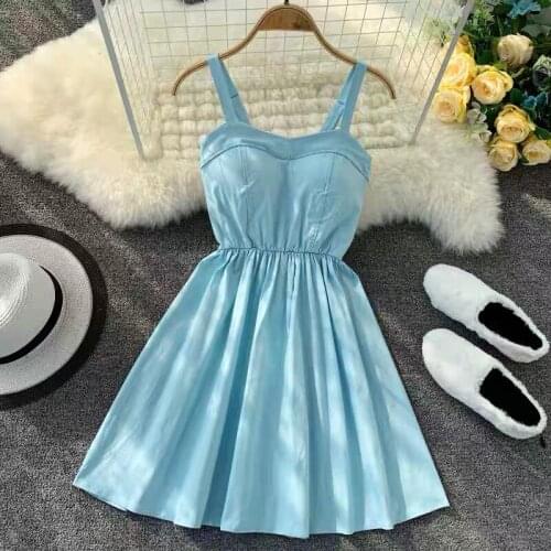 New Arrival Women Summer Cotton Dress Slim Vestido Sexy Sleeveless Spaghetti Strap Midi Blue Party Club Dress Vestidos RE2372