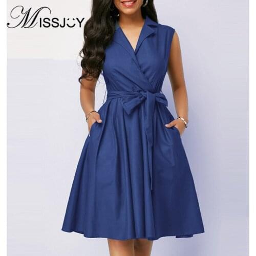 MISSJOY Plus Size Dresses Women Casual Party Sleeveless Office Work Polo Neck High Waist 2019 Summer Vintage Solid Color Female