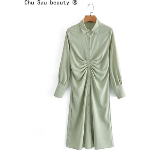 2021 Autumn New Long Dress Women Vintage Chic Lapel Ruffled Shirt Women Slim Midi Dress