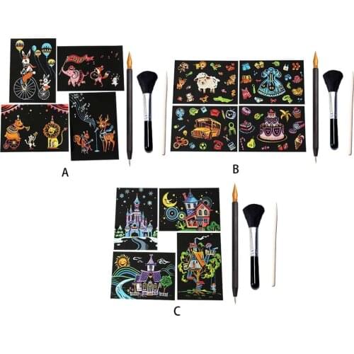 4 Sheet DIY Magic Rainbow Scratch Painting Paper 1x Bamboo Stick 1x Scraping Painting Pen 1x Black Brush Scraper Drawing Toy