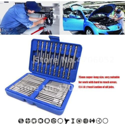 50pcs 75mm Security Screwdriver Bits Extra Long Reach Bit Set Torx Star Hex Spline Slotted Phillips Hand Tools Set