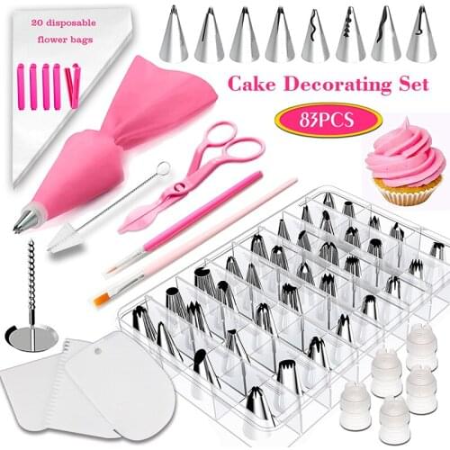 83PCS Creative Cake Decoration Tool Kit Icing Skills Pastry Bag Coupler Cream Nozzle Baking Tool Kit Cake Biscuit Making Tool