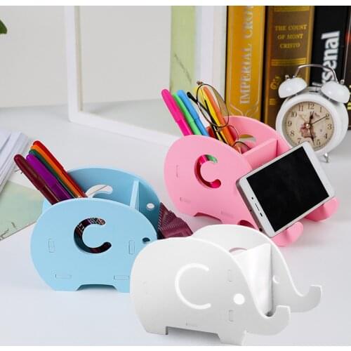 Besegad Multifunction Fashion Cute Elephant Wooden Pen Holder Desk Organizer Phone Stand for Home Office Kids Birthday Gift