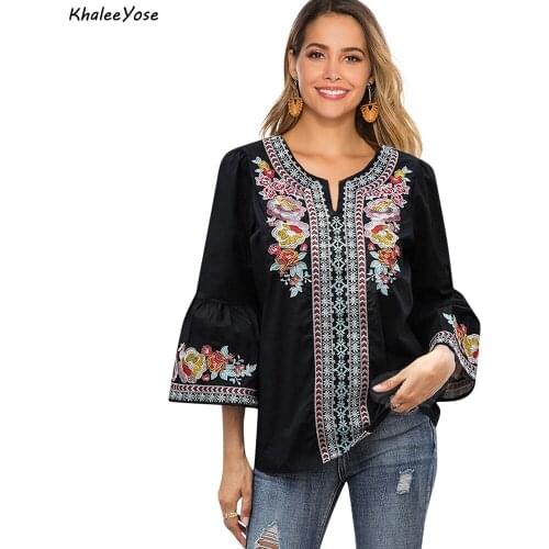 KHALEE YOSE black Floral Embroidery Blouses Shirt Cotton Boho Spring Mexican Shirt Flare Sleeve Plus Size Front 2xl Ethnic Shirt