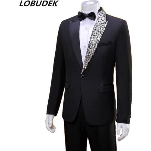 Mens Singer Host Performance Suit Black Rhinestones Blazer Pants Outfit Wedding Formal Suits Stage 2-Piece Set