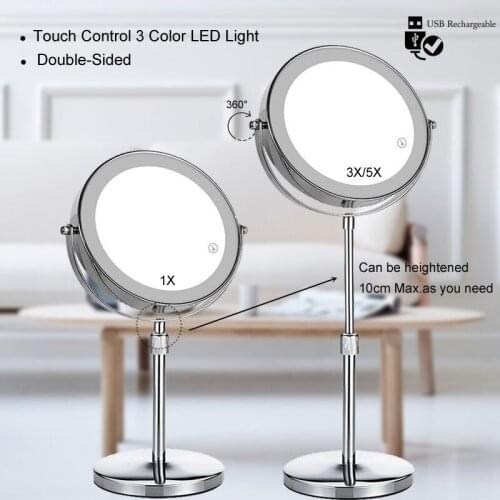 2-Sided Vanity Makeup LED Mirror 3X/5X Magnification,USB Rechargeable, 3Color Touch Brightness and Holder Height Adjustable