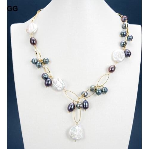 GG Jewelry Natural 21" Natural White Keshi Coin Pearl Chain Pendant Black Pearl Necklace For Women