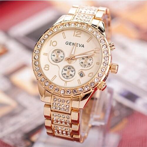 Hot Products Geneva Pastel Bezel Metal Calendar Mens Watch Women Crystal Bezel Watches Relojes De Mujer