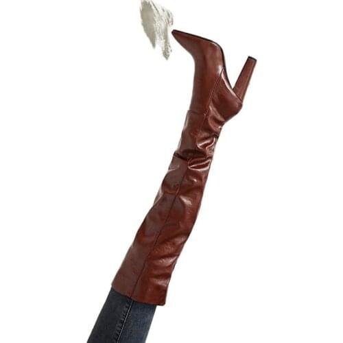 Arden Furtado Winter Fashion Pointed toe chunky heels Womens shoes Personality fold Black dark gray over the Knee boots 41 42