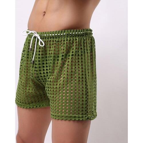 Mens Fashion Sexy Shorts Perspective Loose Comfortable Pajamas Mesh Hollow Pajamas Nylon Summer Shorts