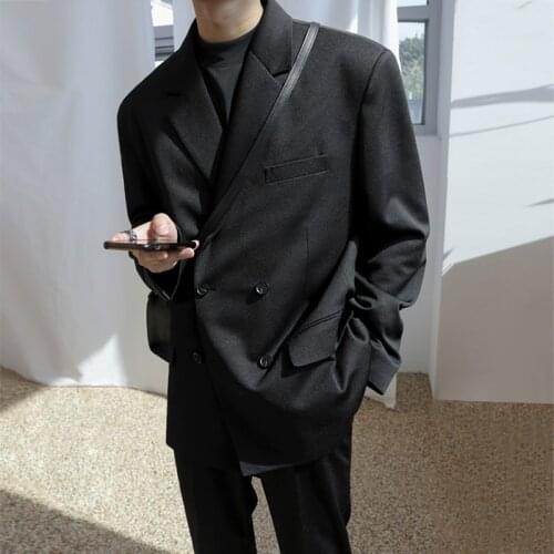 IEFB /mens wear loose suit coat males autumn Korean style trendy double-breasted Western blazers black tops 9Y4083 XL size