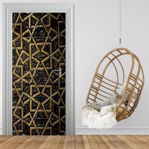 Modern Creative Black Gold Line Geometric Door Sticker 3D Stereo PVC Self-Adhesive Waterproof Mural Wallpaper Living Room Decor