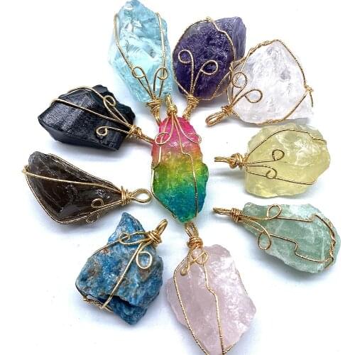 Raw Chakra Stone Healing Crystal Wire Wrapped Pendant Charms for Jewelry Making Reiki Balancing Necklace wholesale