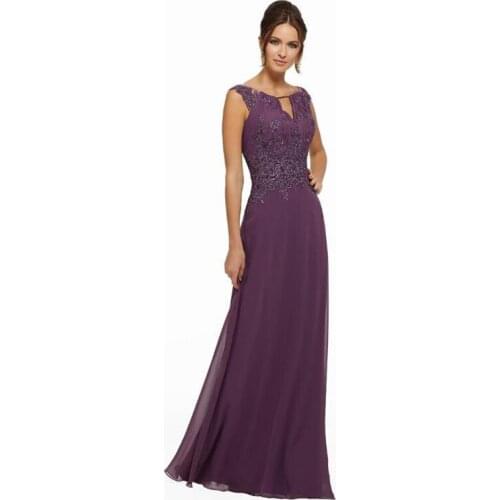 Wholesale Dark Purple Chiffon Lace Applique Mother of the Bride Dresse Bateau Neckline Wedding Party Gowns Pleat