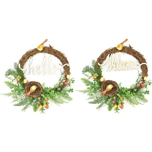 Easter Garland Eggs Rattan Wreath Artificial Flower Door Hang Easter Decoration