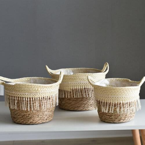 Braided Flowerpot with Large Grass Woven Green Bonsai Living Room Basket Decorated with Nordic Vine Woven Flowerpot Large Plante