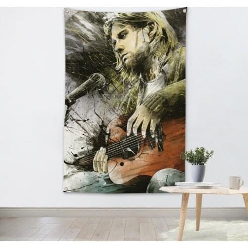 Kurt Cobain Rock Band Hanging Art Waterproof Cloth Polyester Fabric 56X36 inches Flags banner Bar Cafe Hotel Decor