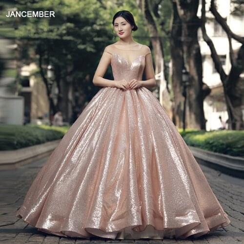 RSM66565 shiny puffy floor length evening dress with glitter o-neck cap sleeves backless women occasion party dress real price