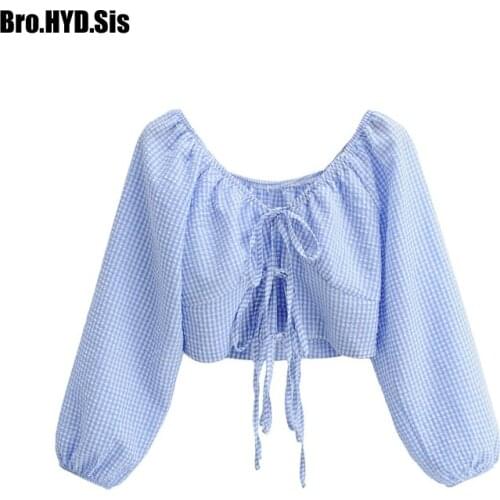 Sexy Lady Blouse Chic Crop Tops Sexy High Waist Lace Up Lantern Sleeve Plaid Tops Woman Shirts Blue