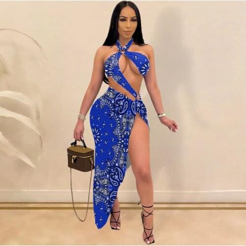 2021 Bandana Paisley Print Women Sexy Two Piece Set Dress Halter Neck Cut Out Beachwear And High Split Skirts Summer Swimwear