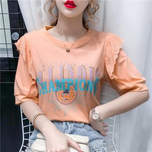 Summer T Shirt Women 2021 New Western Style Lace Stitching Collar T-shirt Short Sleeves Female Tee Tshirts SZH62432