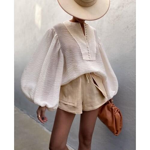 2021 Ladies Casual Fashion Slim Street Sexy Temperament Elegant Solid Color Shirt Lantern Sleeve Top