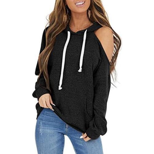 Women Hoodies Hooded Off Shoulder Autumn Pocket Drawstring Long Sleeve Sweatshirt for Sports Black/pink/ sky blue/ gray