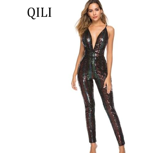 QILI Colorfl Striped Sequin Jumpsuits Sexy V Neck Backless Bandage Bodycon Jumpsuit Women Party Club Elegant Jumpsuits