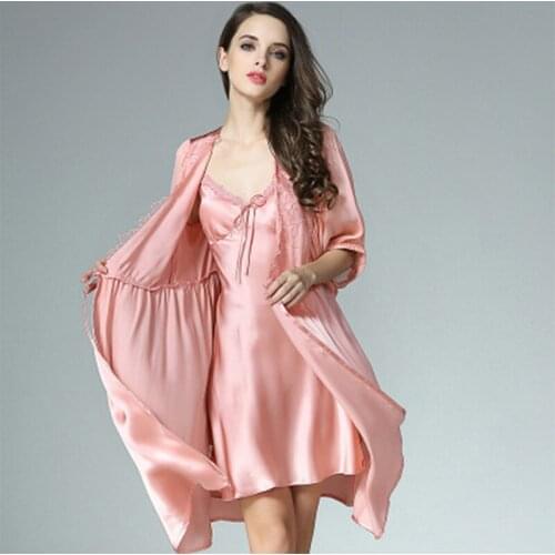 100% Silk Robe Women 100% Pure Silk Pajamas Sets Two-piece Suit Sexy Lace Nightdress Sleepwear For Ladies Pink Sleepshirts
