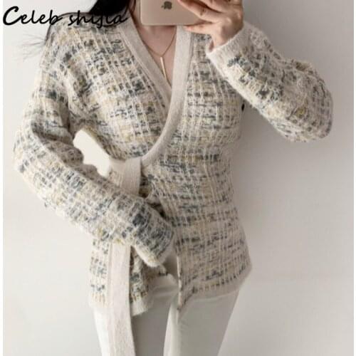 Chic Knit Cardigan Woman Autumn 2021 V-neck Lace-up Vintage Elegant Plaid Sweater Korean Fashion Long-sleeve Runway Knitwear