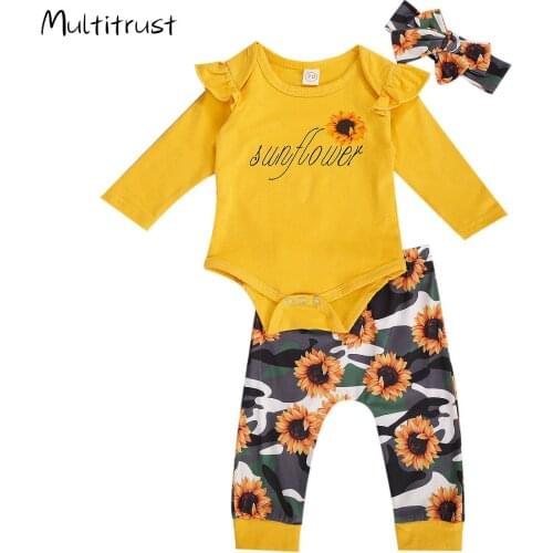 2020 Baby Girl Clothing Letter Floral Long Sleeve Romper Tops+Camouflage Sunflower Print Long Pants Cotton 2pcs