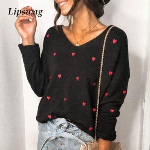 2020 Casual Heart Print Loose Knitted Sweater Winter Elegant Long Sleeve Women Tops Pullover Autumn V-Neck Sweaters Jumper Femme
