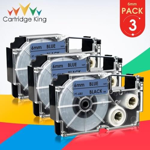 3PK for Casio XR-6BU Cassette Label Tape Black on Blue 6mm Replace for Casio KL-60 KL-120 KL-1500 KL-2000 KL-7000 Typewriter