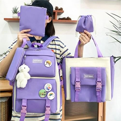 5 Pcs Set Harajuku Women Laptop Backpack Canvas School Bags For Teenage Girls Kawaii College Student Kids Book Bag Rucksack New