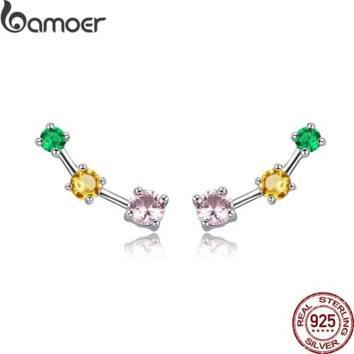 BAMOER Spring Collection 925 Sterling Silver Colorful Square Zircon Exquisite Stud Earrings for Women Fashion Jewelry SCE495