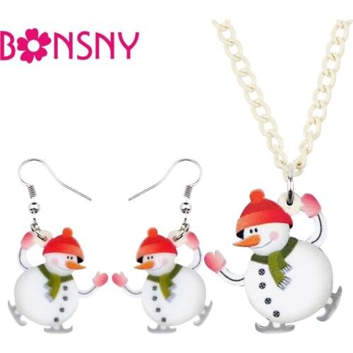 Bonsny Acrylic Christmas Happy Skiing Snowman Jewelry Set Necklace Earrings Festival Decoration Jewelry Lady Girl Charm Gift2019