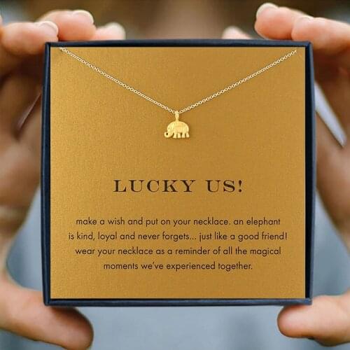 Icareu African Elephants In Thailand Pendant Necklaces Make a Wish Card Gold Color Clavicle Necklace For Women Party Box Gift