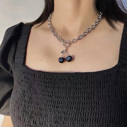 Ins Japanese and Korean Niche Design Accessories Black Cherry Necklace Dark Titanium Steel Choker Necklace