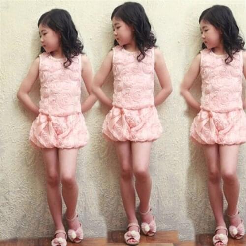 2016 Fashion Children Clothing Girls Outfits Rose Flower Design Costume for girl Vest Shorts 2pcs Baby set Kids Tracksuits A061