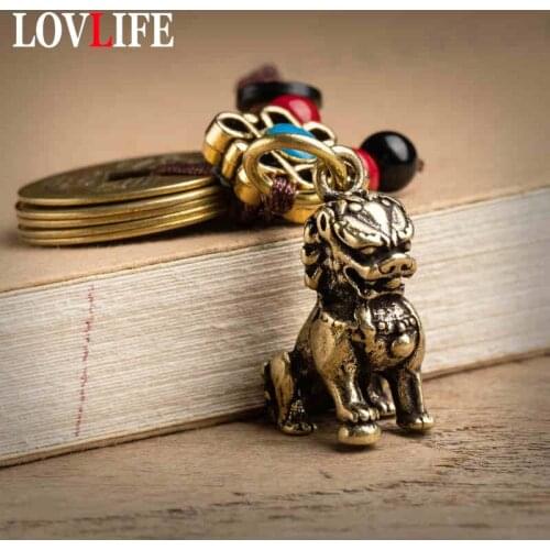 Retro Brass Lion Car Keychain Pendant Handmade Braided Rope Ancient Chinese Five Emperors Coins Feng Shui Lanyard Hanging Charms