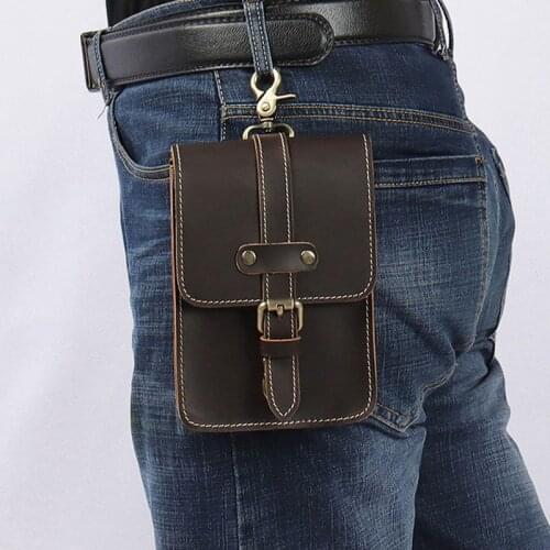 Hot Sale Quality Leather men Casual Design Small Waist Bag Pouch Cowhide Fashion Hook Fanny Waist Belt Pack