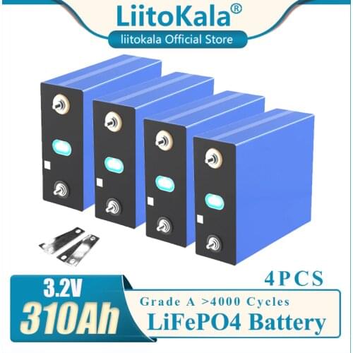 4pcs LiitoKala 3.2v 310ah Lifepo4 Rechargeable Battery Lithium Iron Phosphate Solar Cell 12v 24v Grade A Lifepo4 US/EU Tax Free
