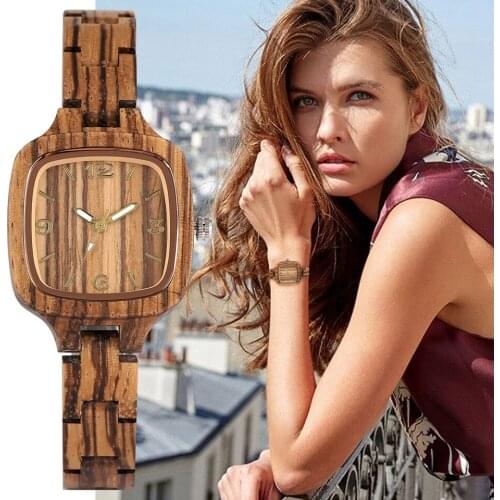 Minimalist Simple Square Wood Watch Womens Clock Slim Light-ultra Analog Full Bamboo Wooden Bangle Ladies Watches Reloj Mujer