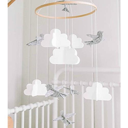 Baby Crib Mobile - Birds & Clouds- Felt Nursery Ceiling Decoration for Girls & Boys Grey & White