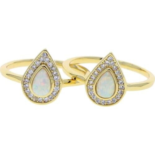 Gold Color Clear Cubic Zirconia CZ White Fire Opal Tear Drop Stone Fashion Girl Women Finger Ring