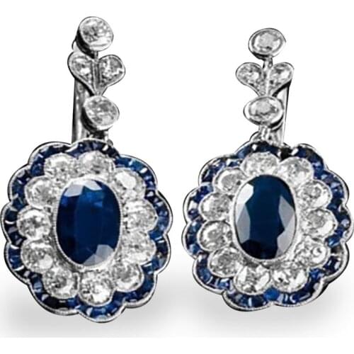 Ofertas Trendy Luxury Exquisite Lace Flower Oval White Blue Zirconia Crystal Silver Color Alloy Clip Metal Earrings for Women