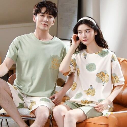 Fashion Fresh Green Couple Pajamas Summer Cotton Short-Sleeve Sleepwear Cute Banana Print Women Nightwear Plus Size Men Homewear